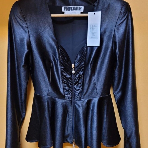 ROTATE BIRGER CHRISTENSEN Elegant Annie Padded Shoulder Black Satin Peplum Top S - Picture 5 of 6